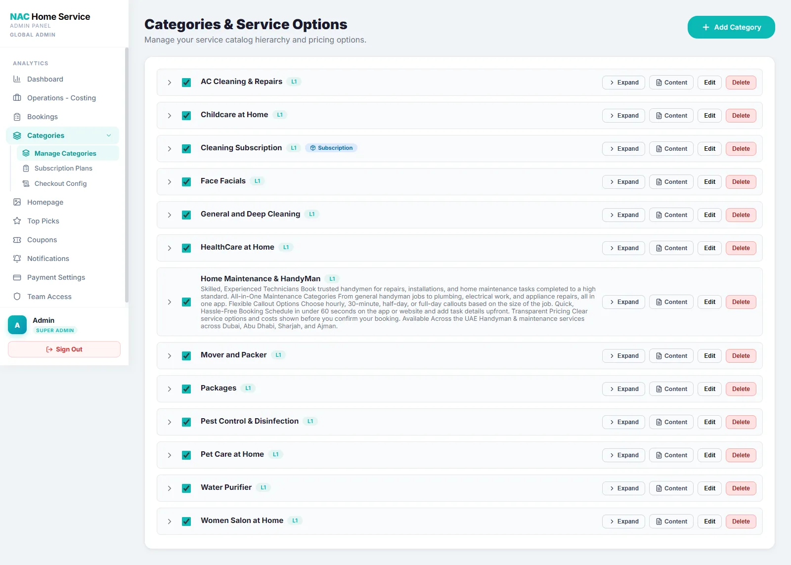 NAC Home Service — Dashboard